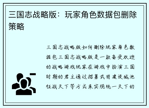 三国志战略版：玩家角色数据包删除策略